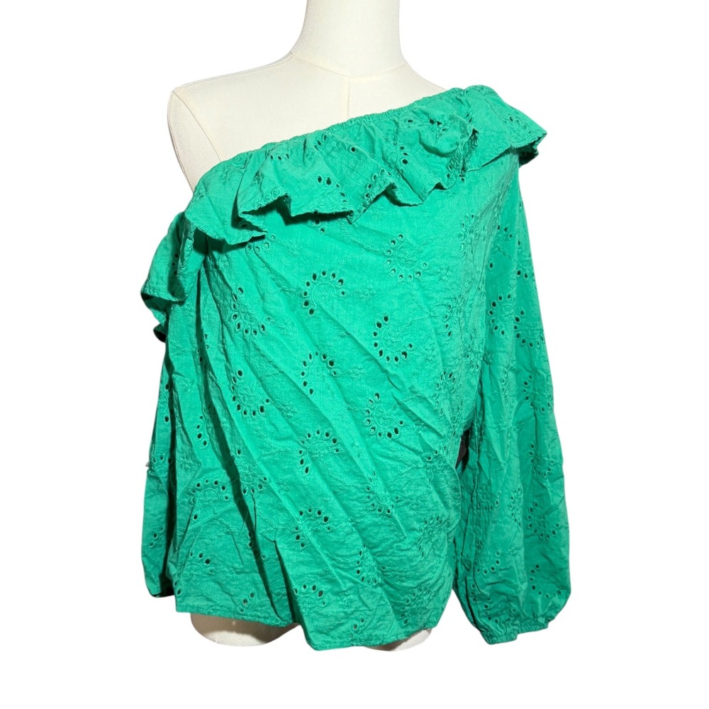 ENTRO Eyelet One Sleeve Green Ruffle Blouse Size Large